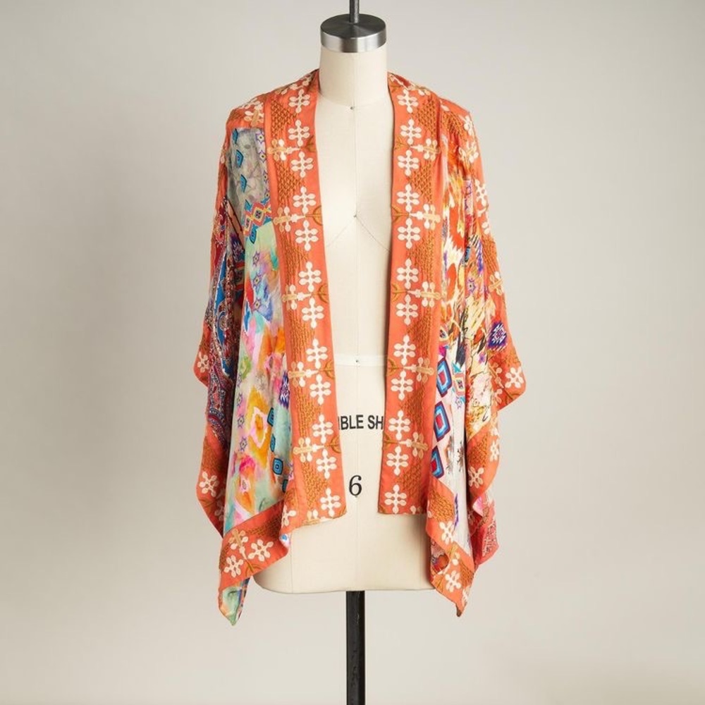 Orange Rainbow Kimono Tunic Top Feathers by Tolani For Sundance in Cupro S